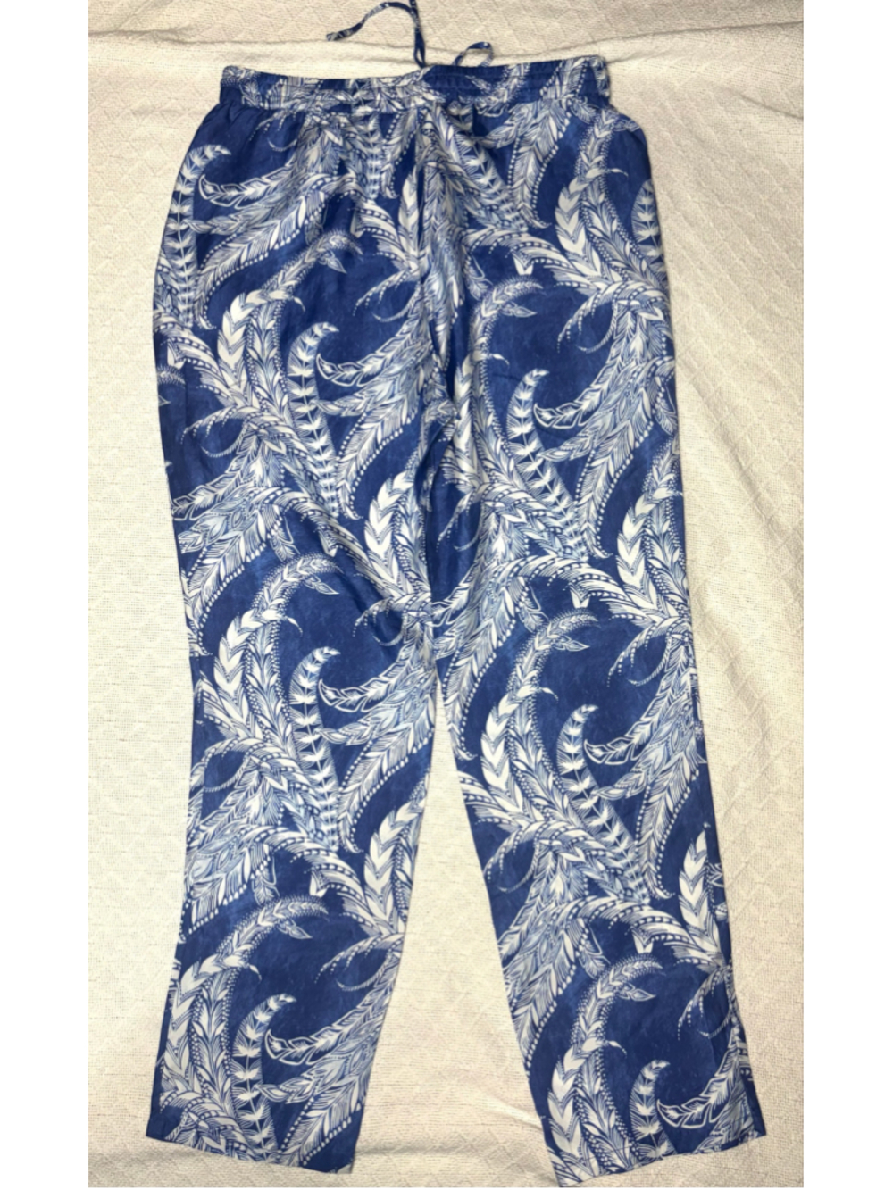 NWT J.McLaughlin Luxe Silk Blend Blue White Fern Leaf Drawstring Pants Size M - Picture 9 of 9